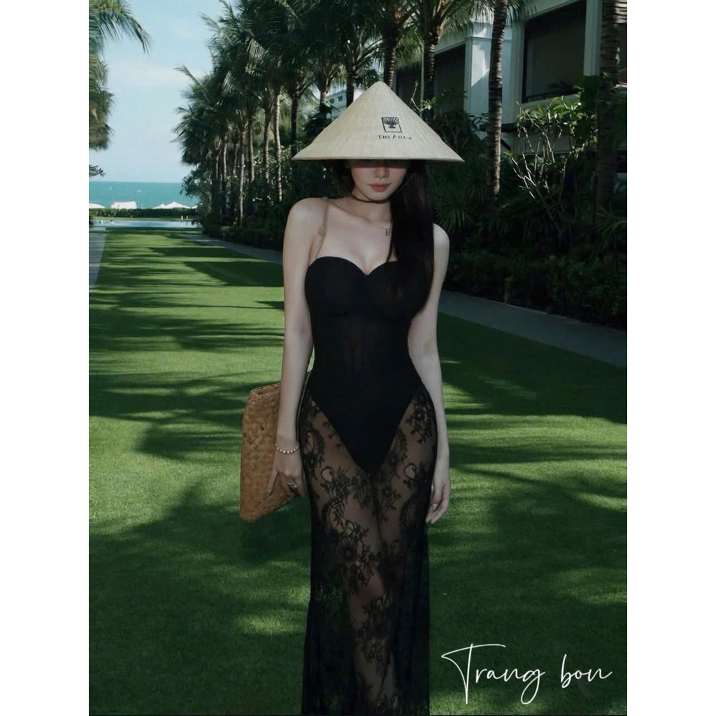 Váy quây bikini cúp ngực phối chân ren dáng dài