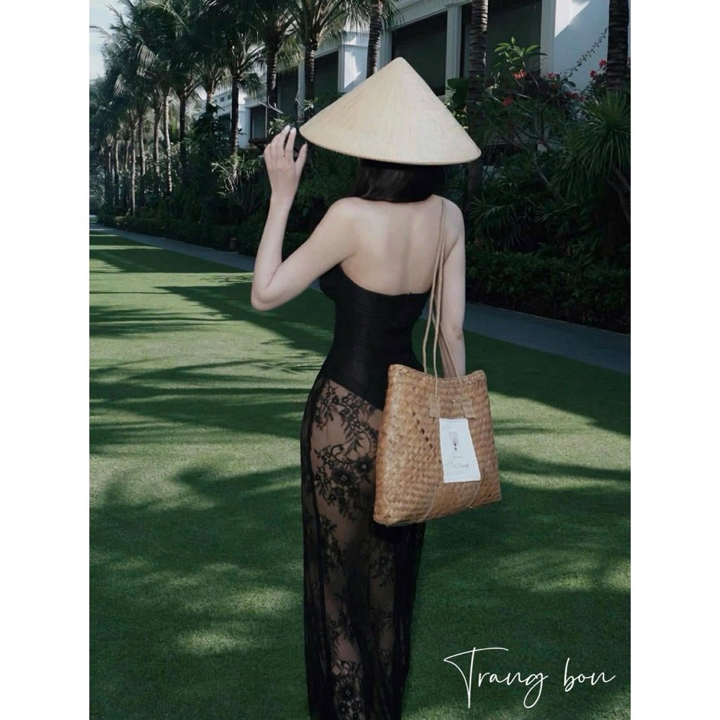 Váy quây bikini cúp ngực phối chân ren dáng dài