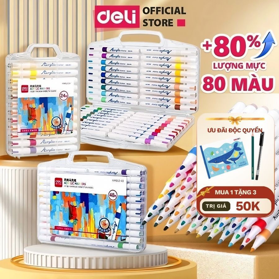 (QUÀ 50K 5.5) Bút lông màu Acrylic Markers Deli EC191 hộp 12/24/36/64 Box Màu Acrylic Marker cho Bé Học Sinh Mỹ thuật