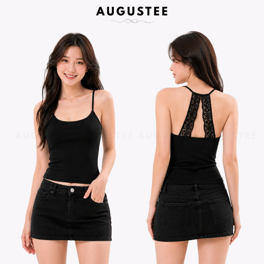 [REN ĐEN] Áo Ba Lỗ Nữ Phối Ren Lưng Có Mút Freesize Form Ôm Tôn Dáng Đen - Augustee