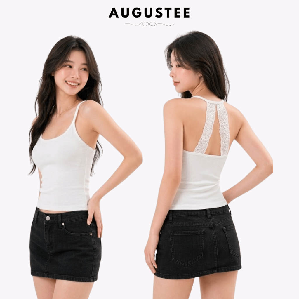 [REN] Áo Ba Lỗ Nữ Phối Ren Lưng Có Mút Freesize Form Ôm Tôn Dáng Đen Trắng - Augustee