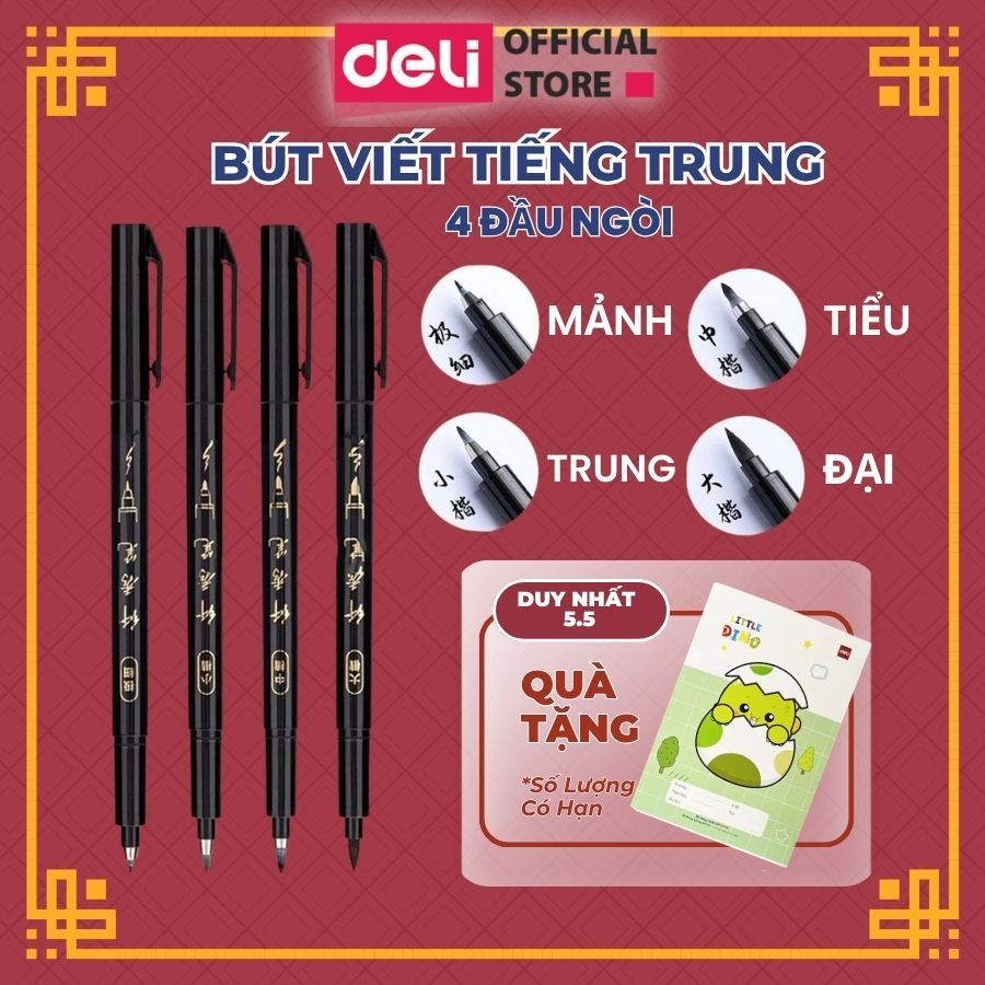 Bút viết thư pháp chữ Hán Calligraphy Deli - brush pen nhiều kích cỡ ngòi, có thể đổ thêm mực