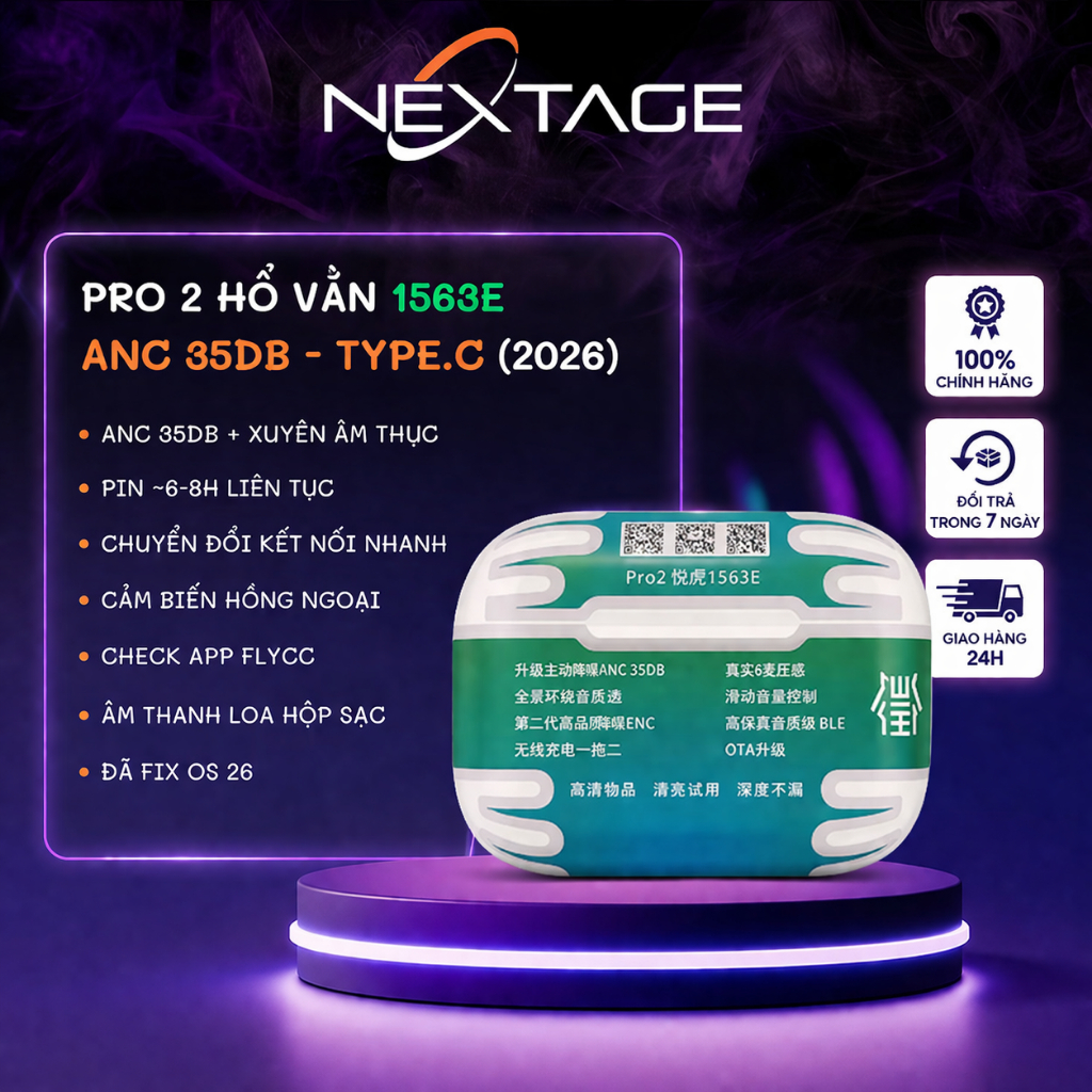 Tai Nghe Bluetooth Hổ Vằn Gen2 1563E Chống Ồn ANC 35DB - Xuyên Âm - Tăng Giảm Âm Lượng - Bass Treble Căng - Hãng NEXTAGE
