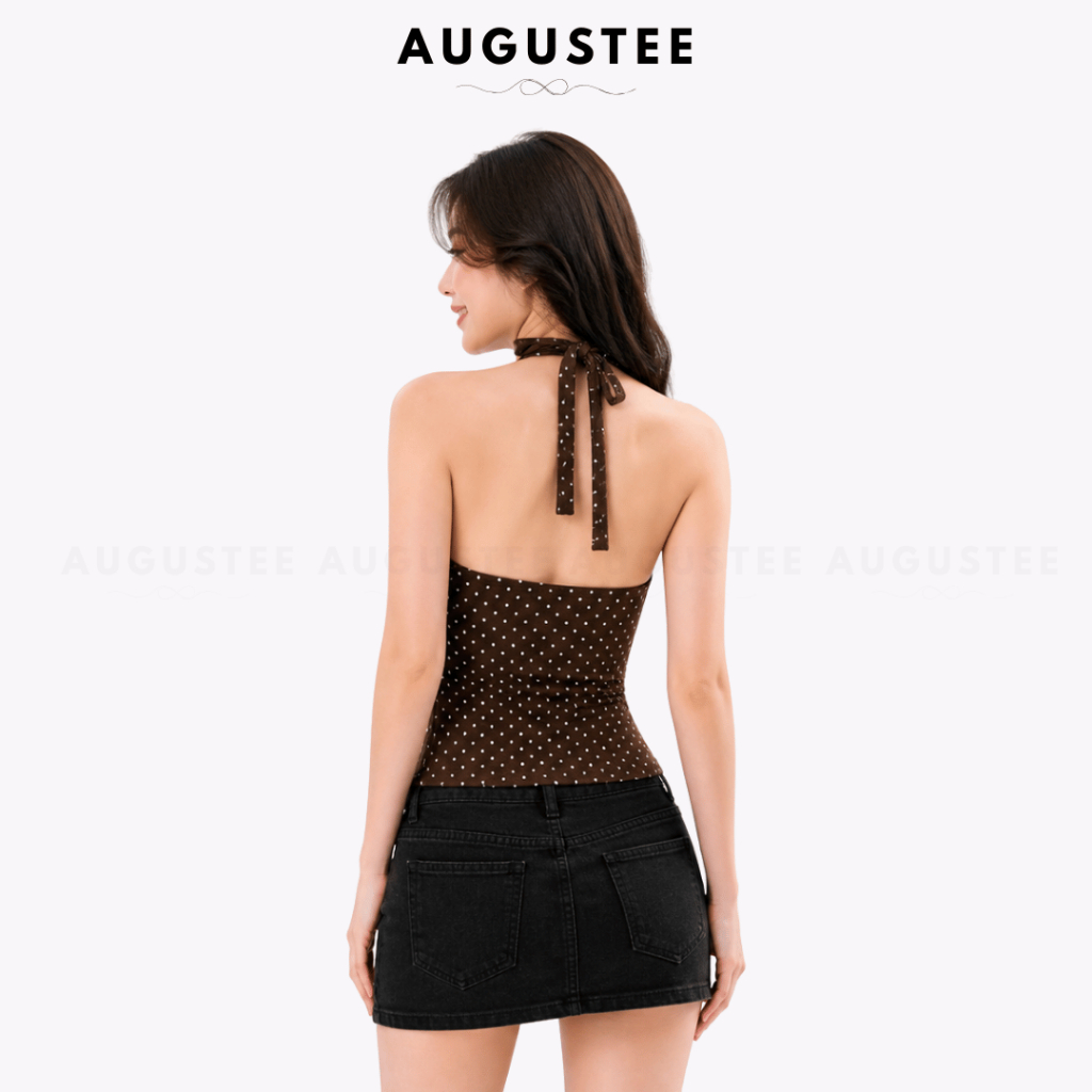 [CHẤM BI NÂU] Áo Yếm Nữ Chấm Bi AUGUSTEE Có Mút Ngực, Form Ôm Tôn Dáng, Cổ Yếm Buộc Sau Nữ Tính