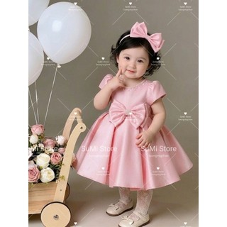 [ Hàng cao cấp] [ Tặng cài ] Váy công chúa nơ eo cổ ngọc phi lụa mềm cho bé gái