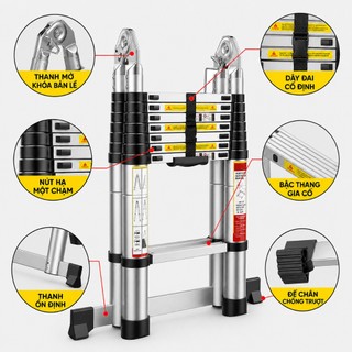 Thang Nhôm Inox Rút Gọn Chữ A Chữ I Gấp Gọn Đa Năng Chất Liệu Nhôm Inox Tải Trọng 600KG Cao 3.4M-4.2M-5M-5.8M