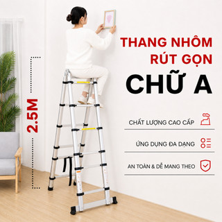 Thang Nhôm Inox Rút Gọn Chữ A Chữ I Gấp Gọn Đa Năng Chất Liệu Nhôm Inox Tải Trọng 600KG Cao 3.4M-4.2M-5M-5.8M