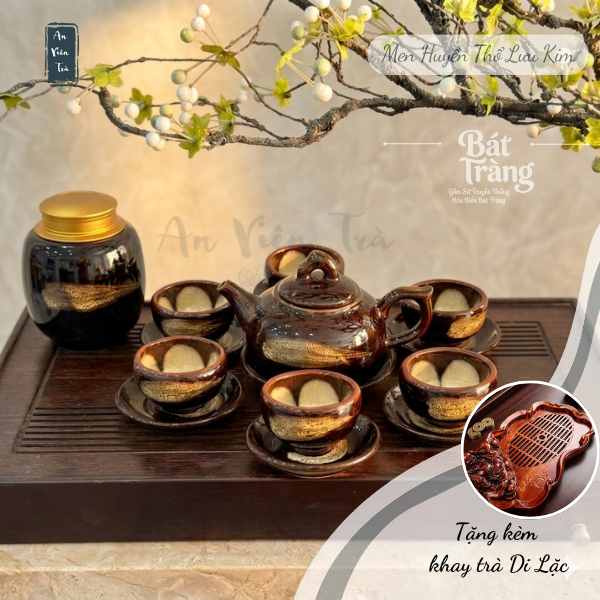 Bộ ấm chén men Huyền Thổ Lưu Kim Bát Tràng cao cấp - Dáng ấm Quả Hồng - Men hỏa biến - Đủ phụ kiện
