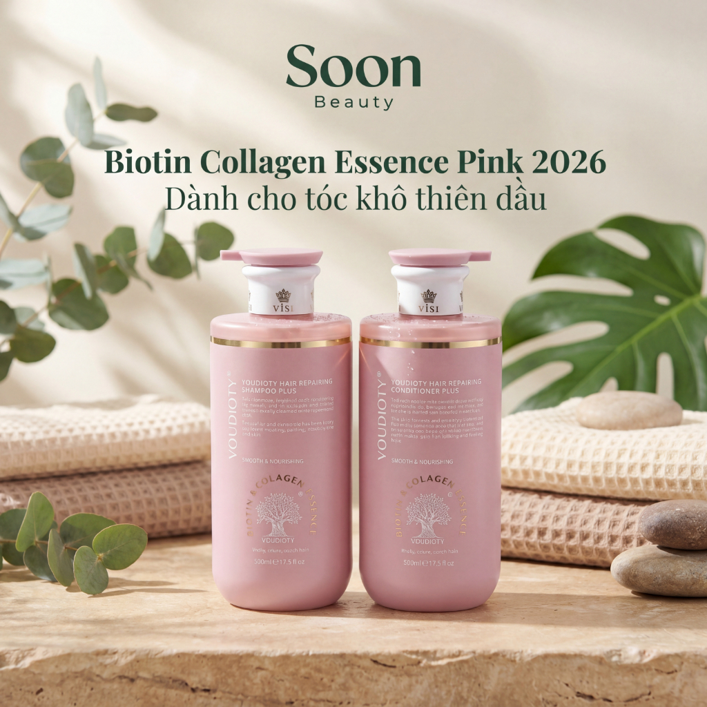 Cặp dầu gội xả biotin collagen voudioty hồng essence 500ml giảm rụng tóc kích mọc tóc phục hồi tóc khô xơ - Soon