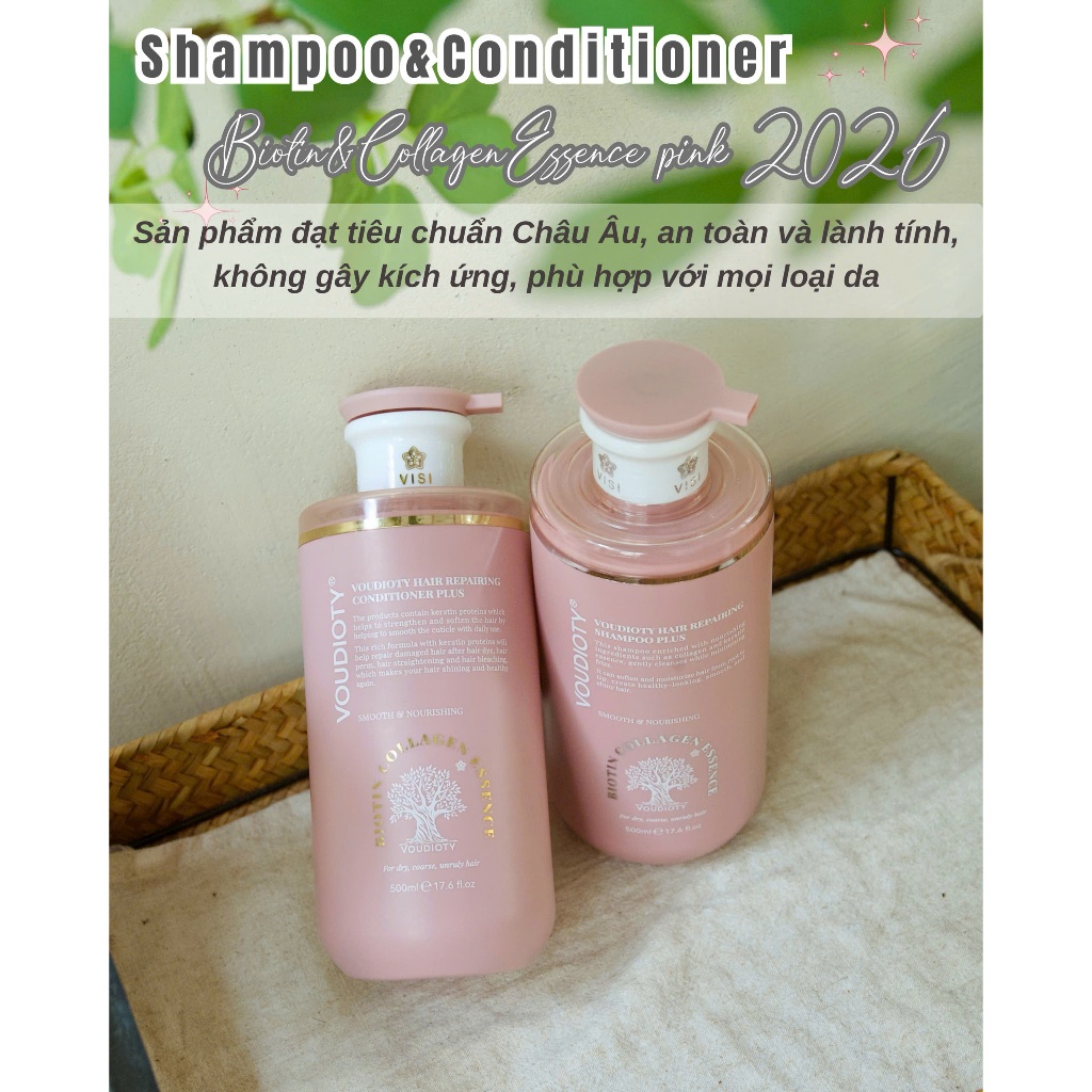 Cặp dầu gội xả biotin collagen voudioty hồng essence 500ml giảm rụng tóc kích mọc tóc phục hồi tóc khô xơ - Soon