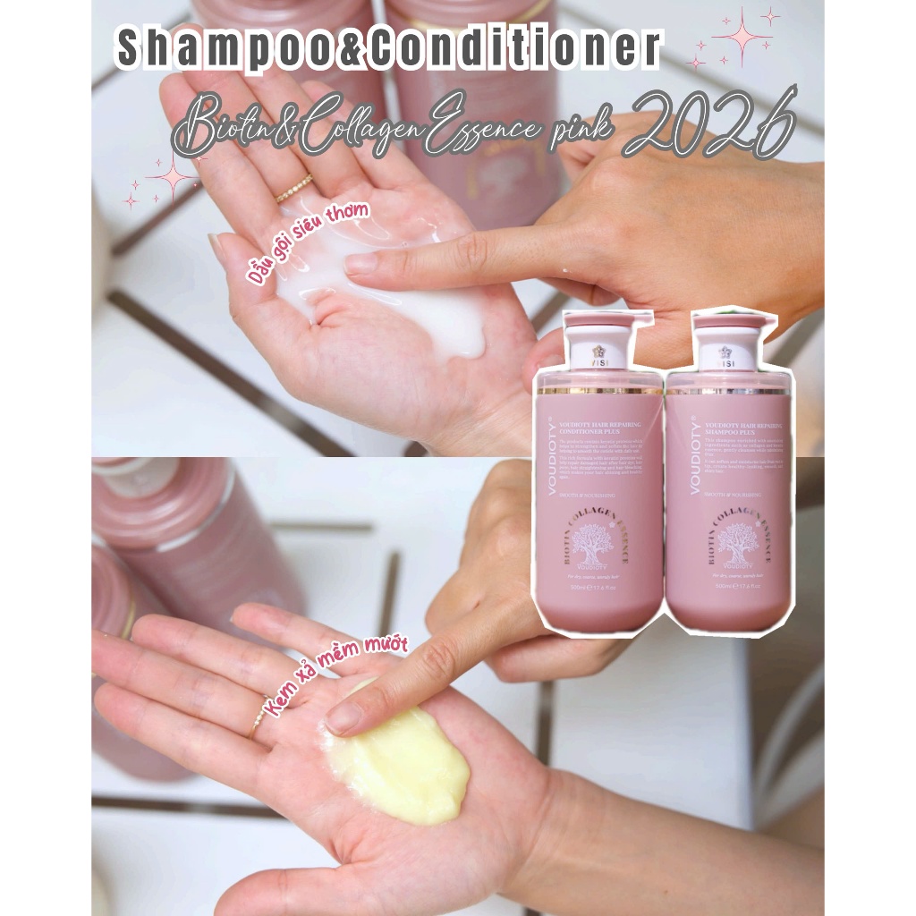 Cặp dầu gội xả biotin collagen voudioty hồng essence 500ml giảm rụng tóc kích mọc tóc phục hồi tóc khô xơ - Soon