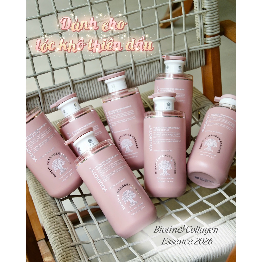 Cặp dầu gội xả biotin collagen voudioty hồng essence 500ml giảm rụng tóc kích mọc tóc phục hồi tóc khô xơ - Soon