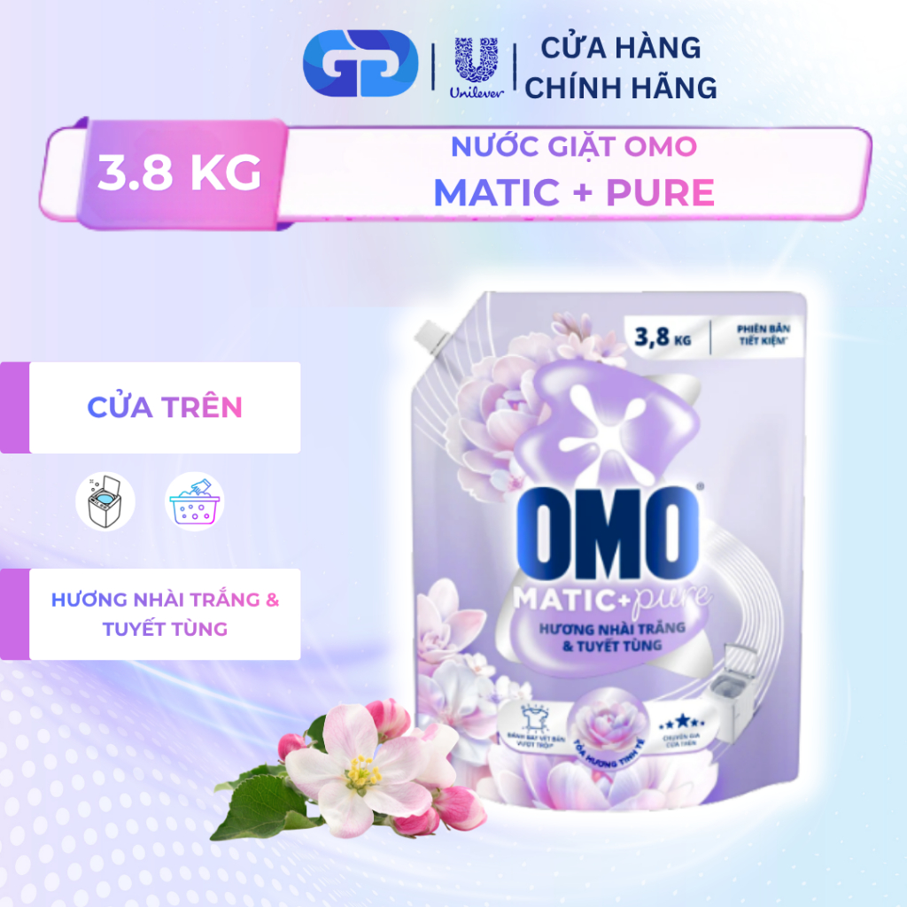 Nước Giặt OMO Matic Cửa Trên 3.8kg Hương Nhài Trắng Tuyết Tùng – Sạch Sâu, Lưu Hương Lâu, Tiết Kiệm