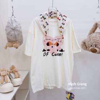 Áo Thun Nữ Họa Tiết Cute Kèm Khăn Form Rộng QCCC Cao Cấp