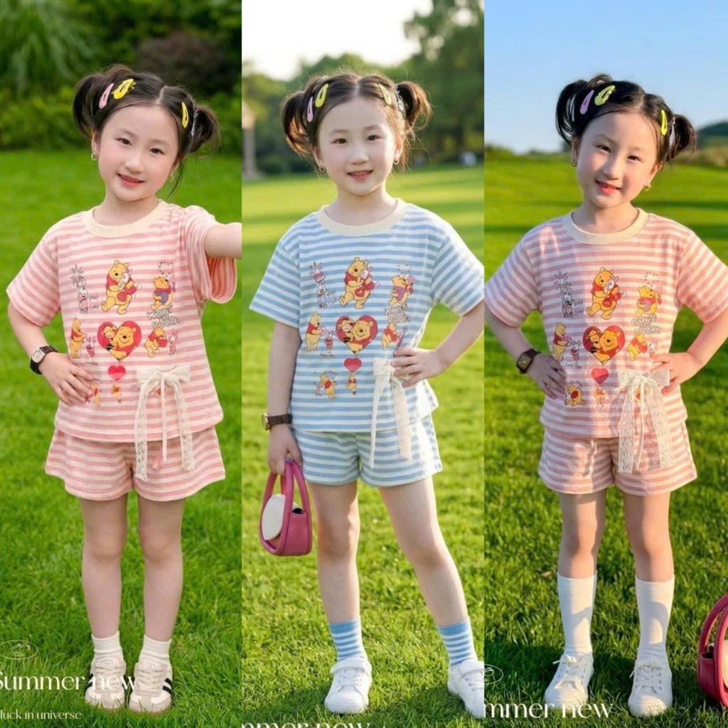 Bộ quần áo xinh cho bé gái,áo kẻ cộc tay, in hình hoạt hình chất vải thun tăm mềm mịn co giãn thoải mái.M82