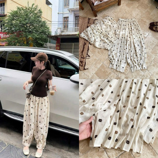 Quần vải đũi hoạ tiết hoa  bèo gấu mỏng nhẹ (có lót )#2609