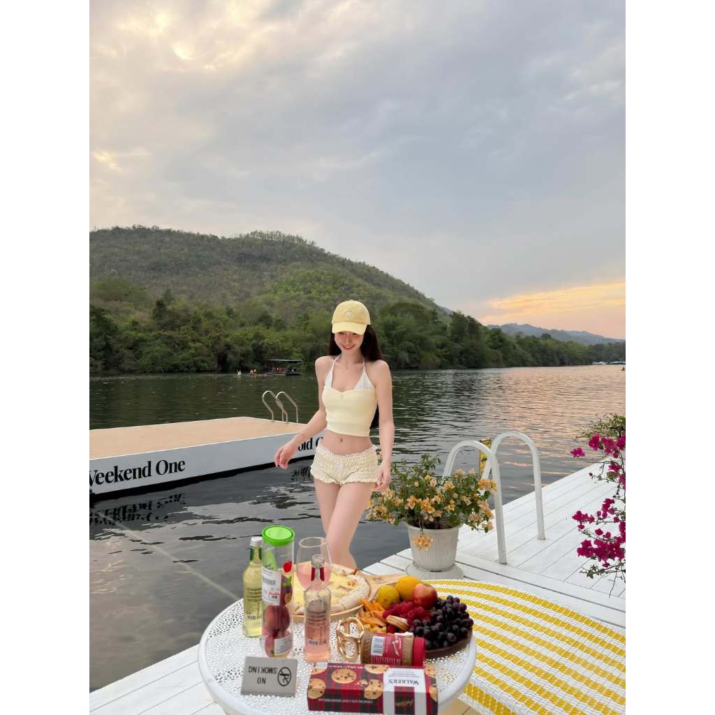 [Tặng kèm dán ngực] ONESOON Bikini 2 mảnh buộc dây sexy, bộ đồ bơi quần short ngắn nhún chun kèm áo yếm buộc dây cho nữ