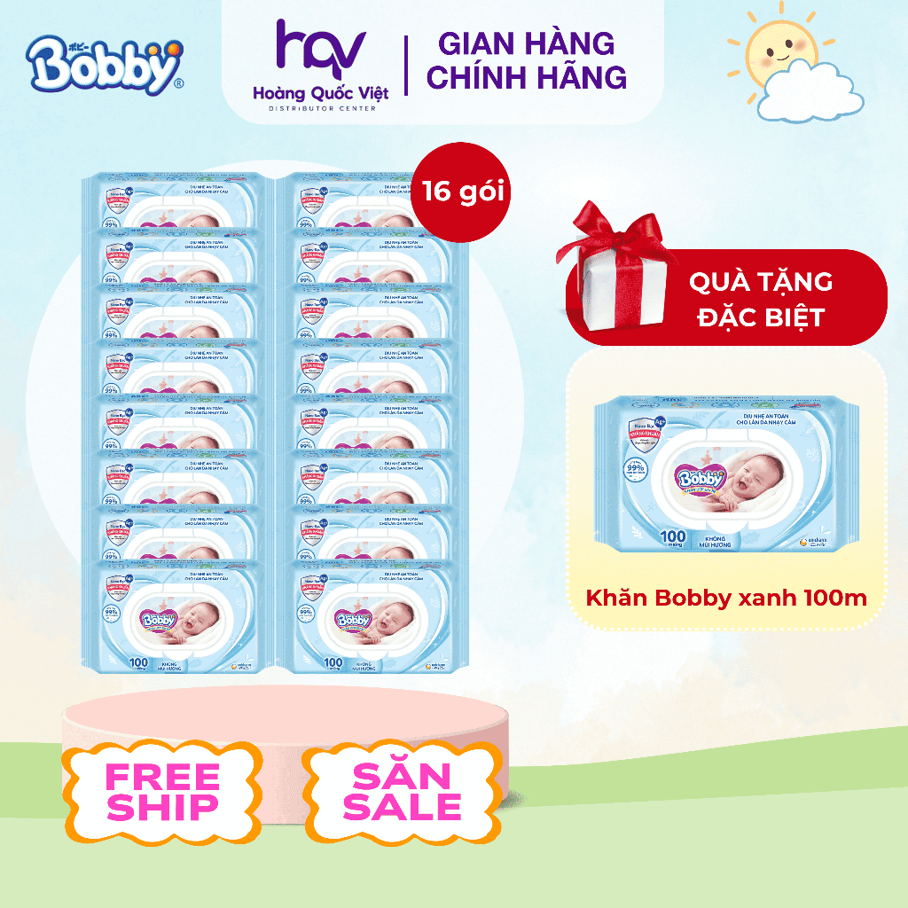 Thùng 16 Gói Khăn uớt Bobby 100 Miếng xanh không mùi, khăn giấy ướt kháng khuẩn dịu nhẹ chính hãng