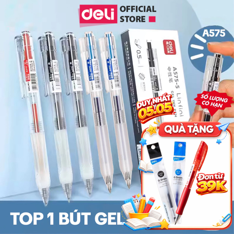 [🔥DEAL QUÀ SỐC] Bút Bi Nước Mực Gel Ngòi 0.5mm Màu Đen Xanh Đỏ Deli Vỏ Trong Suốt Có Đệm Tay Cho Văn Phòng Học Sinh A575