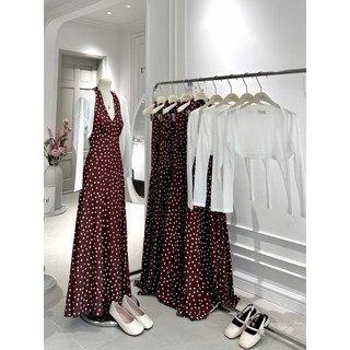 SEP House - Set đầm đỏ chấm bi dáng dài maxi cổ V yếm sát nách phối khoác mỏng tay dài nữ tính - Hàng chuẩn ảnh