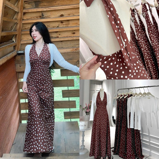 SEP House - Set đầm đỏ chấm bi dáng dài maxi cổ V yếm sát nách phối khoác mỏng tay dài nữ tính - Hàng chuẩn ảnh