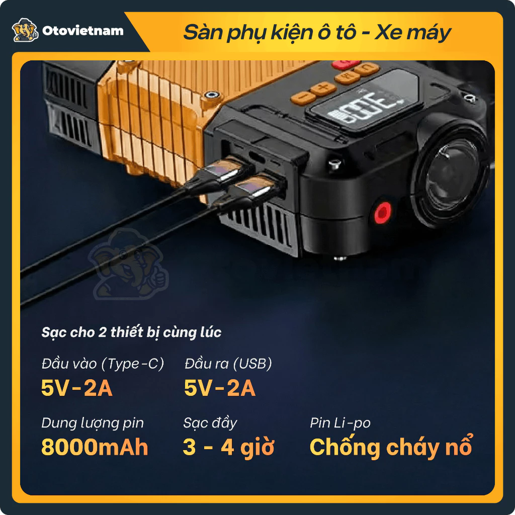 Kích Bình & Bơm Lốp Ô Tô, Xe Máy 4in1 Jumbotec B02 - Dung Lượng Pin 8.000mAh, Bảo Hành 12 Tháng