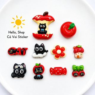 Set Charm Mèo Đen Táo Đỏ Cute – Black Cat Apple Kawaii, Cherry Nơ Ngọt Ngào Phong Cách Dễ Thương (QUẢ TÁO BỰ 3D)