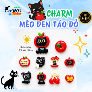 Set Charm Mèo Đen Táo Đỏ Cute – Black Cat Apple Kawaii, Cherry Nơ Ngọt Ngào Phong Cách Dễ Thương (QUẢ TÁO BỰ 3D)