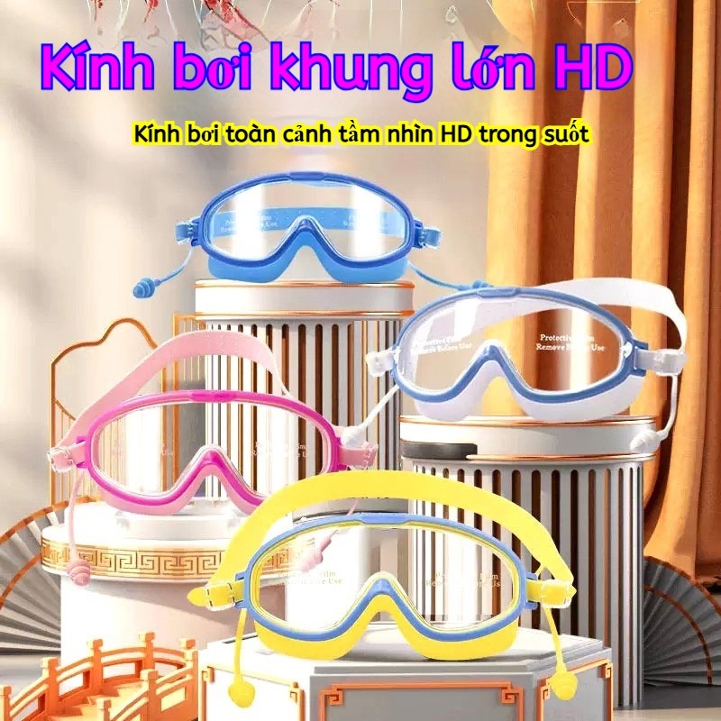Kính Bơi Trẻ Em Khung Lớn HD, Chống Nước Chống Sương Mù, Kèm Nút Tai, Dùng Cho Bơi & Gội Đầu