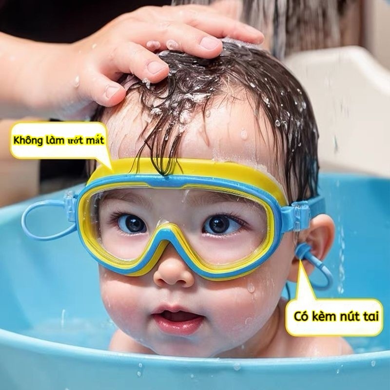 Kính Bơi Trẻ Em Khung Lớn HD, Chống Nước Chống Sương Mù, Kèm Nút Tai, Dùng Cho Bơi & Gội Đầu