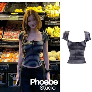 Áo Nữ Hoạ Tiết Sọc Đính Nơ Cổ Vuông - Phoebe Studio [MH26AO344]