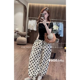 Sét áo lệch vai nhún eo kèm quần bi bom