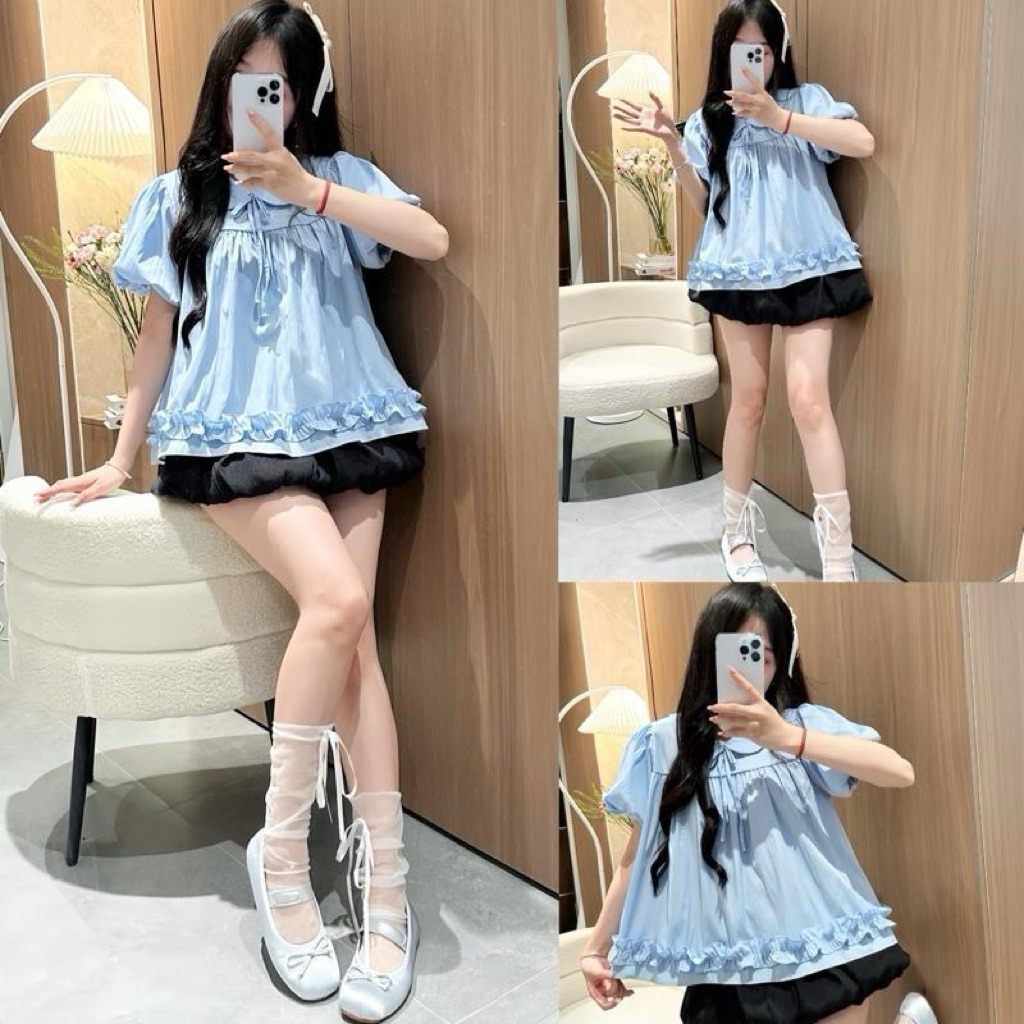 Áo Babydoll Kiểu Nữ Tay Bồng Dáng Vừa Phối Bèo Điệu Công Chúa Tiểu Thư Dilyshop - A140