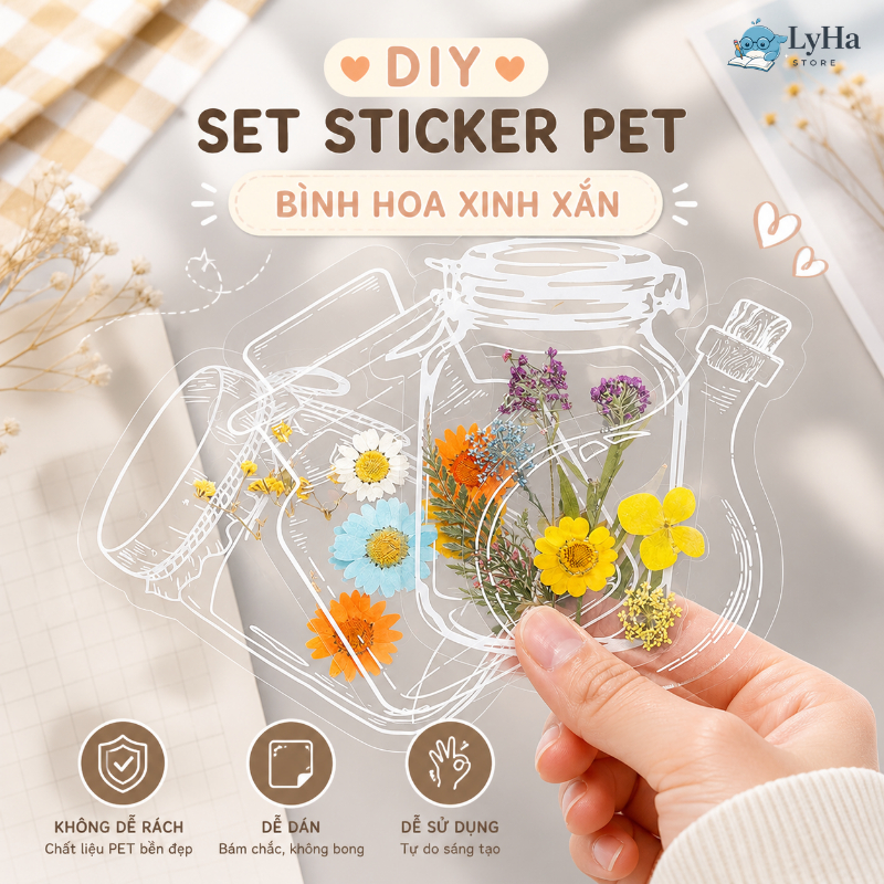 Set Sticker PET Trong Suốt Bình Hoa Xinh DIY 20 Miếng Dán Sưu Tầm Trang Trí Sổ Tay Bullet Journal