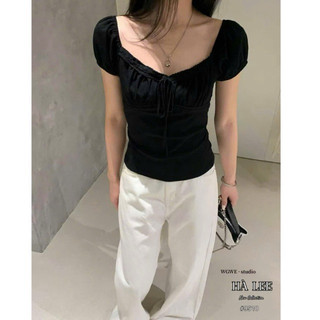 QCL1 9510 Áo thun cổ rộng phối ren buộc nơ mới về siêu xinh chuẩn WGWE xịn sò