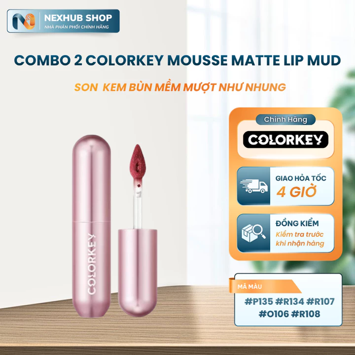 Combo 2 Son Kem Bùn COLORKEY Lip Mud – Chất Nhung Mềm Mịn, Che Vân Môi & Giữ Màu Lâu