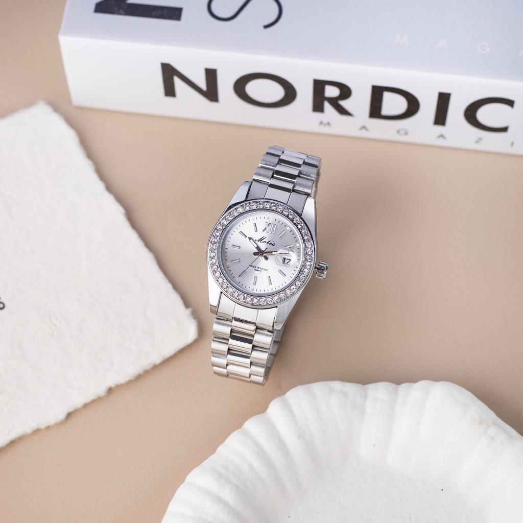 Đồng Hồ Nữ MOTIC 9855 – Mặt Viền Đá Sáng - Thiết Kế Thanh Lịch, Thời Trang Dễ Phối Đồ