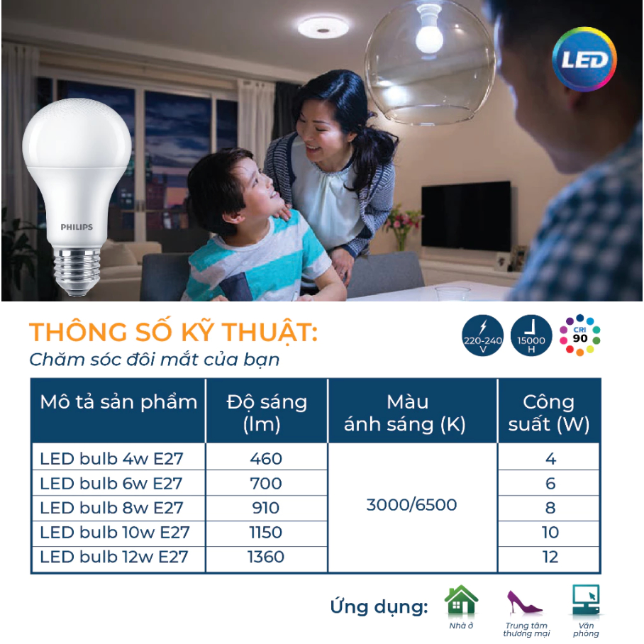 Bóng đèn LED PHILIPS Bulb A60 bảo vệ mắt Mycare, Công suất (4W,6W,8W,10W,12W) (01 bóng) HOME LOCK