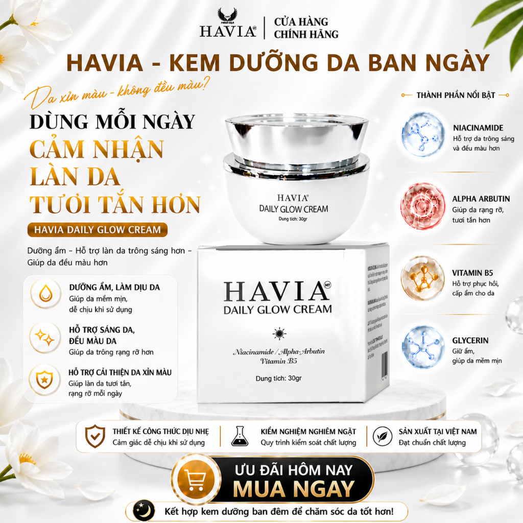 Kem Dưỡng Da Ban Ngày HAVIA Daily Glow Cream - Dưỡng Ẩm, Làm Sáng Da, Giảm Xỉn Màu, Cho Da Mềm Mịn.