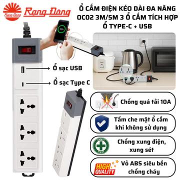 Ổ cắm điện kéo dài đa năng 3 mét & 5 mét, 3 ổ cắm tích hợp ổ Type C + USB Rạng Đông OC02.USB-C