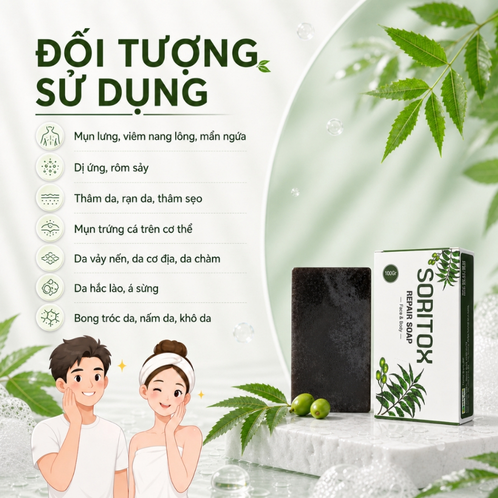 Xà Bông Tắm Cho Vảy Nến, Viêm Da, Ngứa Đỏ, Bong Chóc Từ Thảo Mộc Lá Neem Soritox 100Gr [XBX]