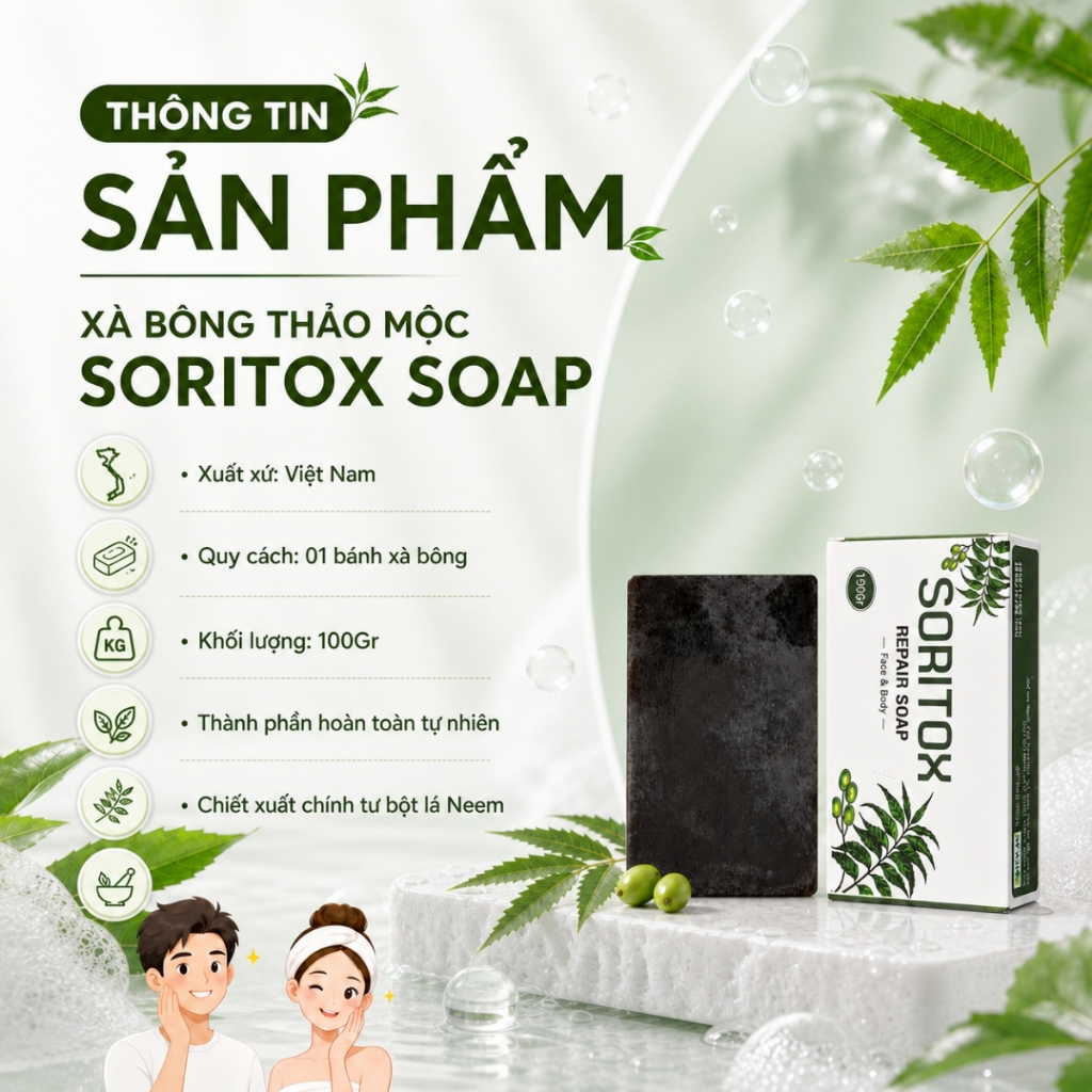 Xà Bông Tắm Cho Vảy Nến, Viêm Da, Ngứa Đỏ, Bong Chóc Từ Thảo Mộc Lá Neem Soritox 100Gr [XBX]