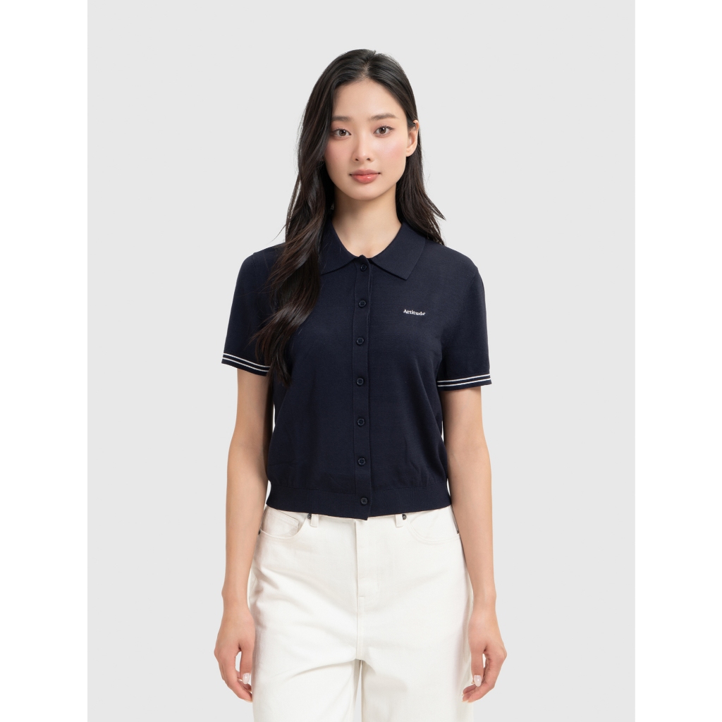 Áo len polo nữ CANIFA cổ bẻ cộc tay phối line mềm mịn co giãn 6TE26S005