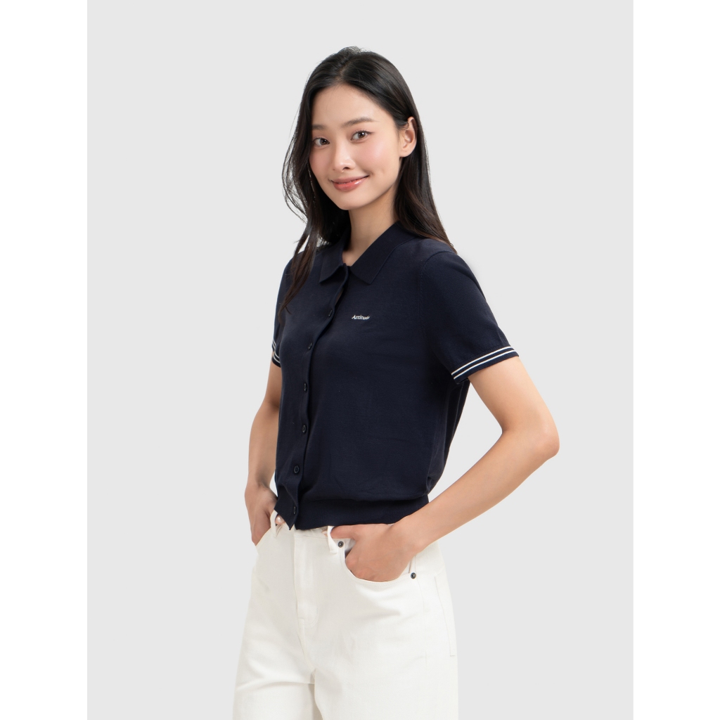 Áo len polo nữ CANIFA cổ bẻ cộc tay phối line mềm mịn co giãn 6TE26S005