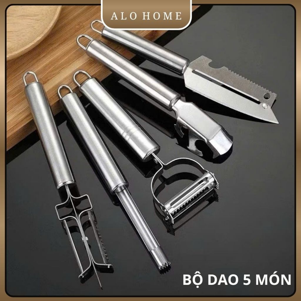 Bộ Dụng Cụ Inox 5 Món ALO HOME Gọt Nạo Rau Củ Dao Bào Cắt Tỉa Đa Năng Nhà Bếp