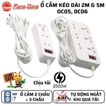 Ổ cắm kéo dài 2m và 5m, 3 lỗ cắm và 2 lỗ cắm tự động ngắt điện khi quá tải Rạng Đông OC05, OC06