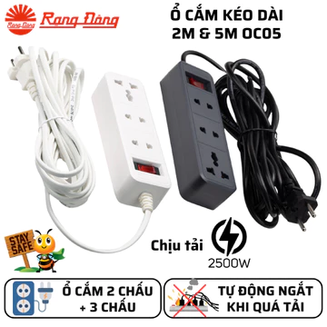 Ổ cắm kéo dài Trắng, Đen 2m và 5m Rạng Đông 3 lỗ cắm và 2 lỗ cắm tự động ngắt điện khi quá tải OC05