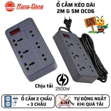 Ổ cắm kéo dài 2m và 5m, 3 lỗ cắm và 2 lỗ cắm tự động ngắt điện khi quá tải Rạng Đông OC06 màu đen