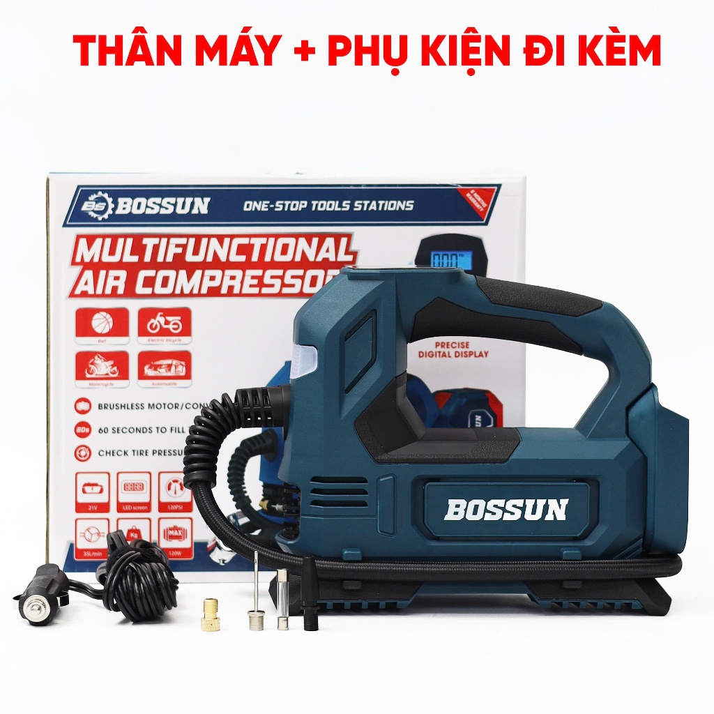 Máy Bơm Hơi Điện/ Pin BOSSUN BS-BH120Z Công Suất 120W,  Màn Hình Led, Áp Suất Tối Đa 120 PSI