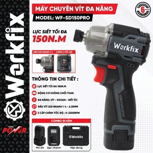 Máy chuyên vít dùng pin WORKFIX WF-SD150PRO Lực Siết 150Nm, 3 Tốc Độ, Không Chổi Than